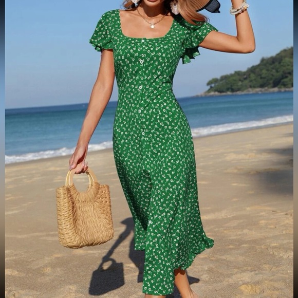 Boho floral print square neck ruffle hem dress - Picture 1 of 6